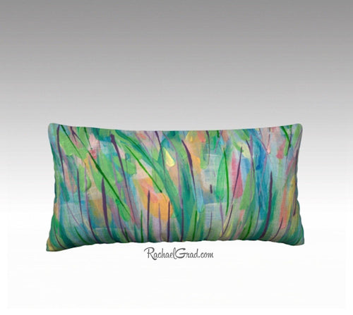 Green Grass Flowers Art Pillow, Abstract Art Long Pillowcase, Abstract Floral Pillow Cover, Velvet Linen Pillowcase, Green Decorative Pillow by Artist Rachael Grad