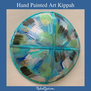 hand painted abstract art kippah by artist Rachael Grad blue white grey teal