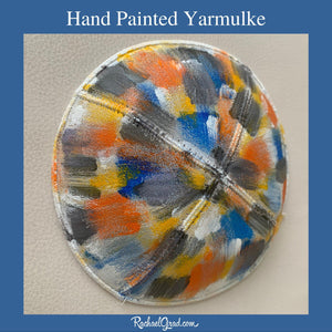 hand painted abstract art kippah by artist Rachael Grad orange blue white grey yelllow yarmulke