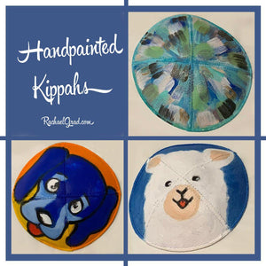 Custom Made Hand painted kippahs by artist Rachael Grad with dog alpaca abstract art