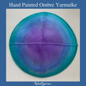 hand painted ombre kippahs by artist Rachael Grad custom painted yarmulkas purple blue green ombre art kippahs
