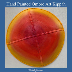 hand painted ombre kippahs by artist Rachael Grad custom painted yarmulkas red orange yellow ombre