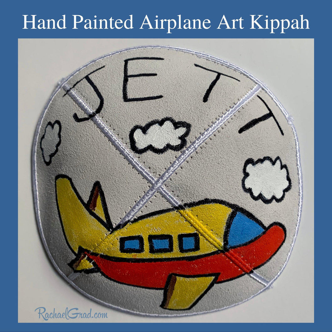 hand painted airplane art kippah by Canadian artist Rachael Grad