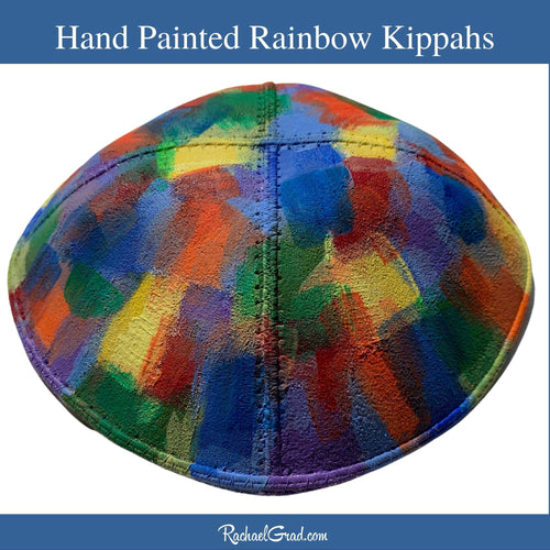 handpainted rainbow art kippah  by artist Rachael Grad