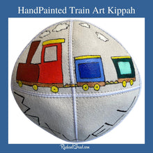 Load image into Gallery viewer, hand painted train kippah for Maxwell by Canadian artist Rachael Grad