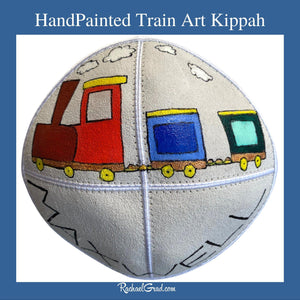 hand painted train kippah for Maxwell by Canadian artist Rachael Grad