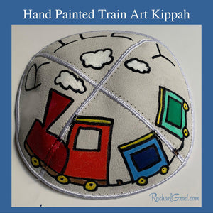 Hand Painted Train Art Kippah by Canadian Artist Rachael Grad