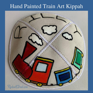  hand painted kippah with train art  by Canadian artist Rachael Grad 