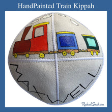 Load image into Gallery viewer, handpainted train kippot for Maxwell by Canadian artist Rachael Grad