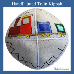 handpainted train kippot for Maxwell by Canadian artist Rachael Grad
