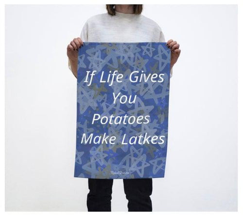 if life gives you potatoes make latkes for tea towel by artist Rachael Grad
