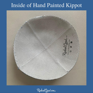 inside of hand painted kippot by artist Rachael Grad custom yarmulka white suede