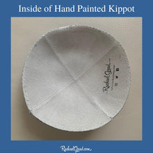 Load image into Gallery viewer, inside of hand painted kippot by artist Rachael Grad custom yarmulka white suede