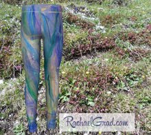 Load image into Gallery viewer, maia kids leggings in blue by toronto artist rachael grad front back size 8 9
