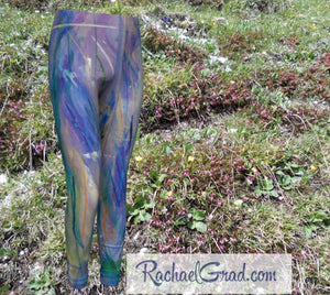 Maia Kids Leggings in Blue and Purple by Toronto Artist Rachael Grad with green yellow white made in Canada front