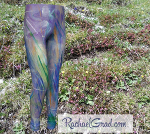 Maia Kids Leggings in Blue and Purple by Toronto Artist Rachael Grad with green yellow white Canadian made