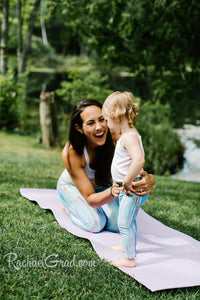 women's yoga leggings in teal stripes with Canadian artist Rachael Grad on mom and toddler