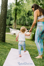 Load image into Gallery viewer, mom and me leggings teal striped set on mom and toddler by Canadian artist Rachael Grad back view