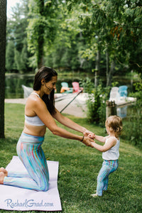 women's yoga leggings in teal stripes with Canadian artist Rachael Grad on mom and daughter