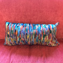 Load image into Gallery viewer, Fluid Long Pillowcase MultiColor 2 Bright on pink couch by artist Rachael Grad