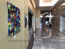 Load image into Gallery viewer, Yellow and Purple Multicolor High Gloss Abstract Art with in 4 Square Sizes markham ballroom rachael grad side view