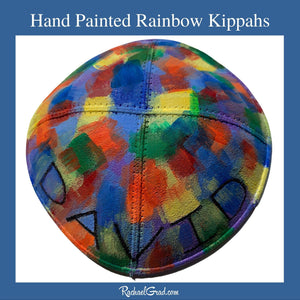 rainbow kippot hand painted by Toronto artist Rachael Grad