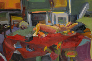 Red Room with Reclining Female Figure, Oil on Canvas, 18" x 24" original painting by artist Rachael Grad