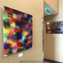 Load image into Gallery viewer, old shoes and abstract art print closeup by artist rachael grad on view in hotel hilton toronto/markham conference centre &amp; spa 