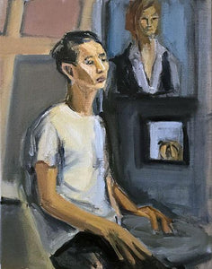 Seated Man & Paintings, Oil on Canvas, 2014 Rachael Grad Art Artist