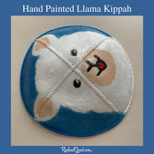 Load image into Gallery viewer, side view hand painted llama kippah by artist Rachael Grad Alpaca yarmulkas blue and white