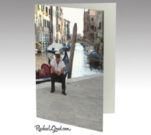 Load image into Gallery viewer,  Gondolier Resting, Venice, Italy, Photograph Personal Stationery Set of 3 Greeting Note Cards with Gondola, Venetian Canal Water and Bridge Rachael Grad Art