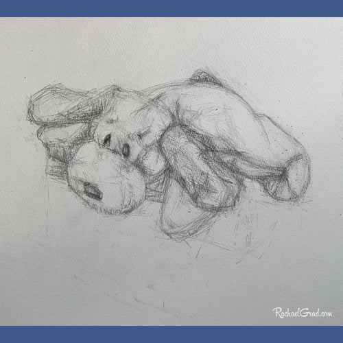 sweet dog toy resting drawing in pencil by Toronto Artist Rachael Grad