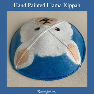top view hand painted llama kippahs by artist Rachael Grad Alpaca yarmulkas blue and white