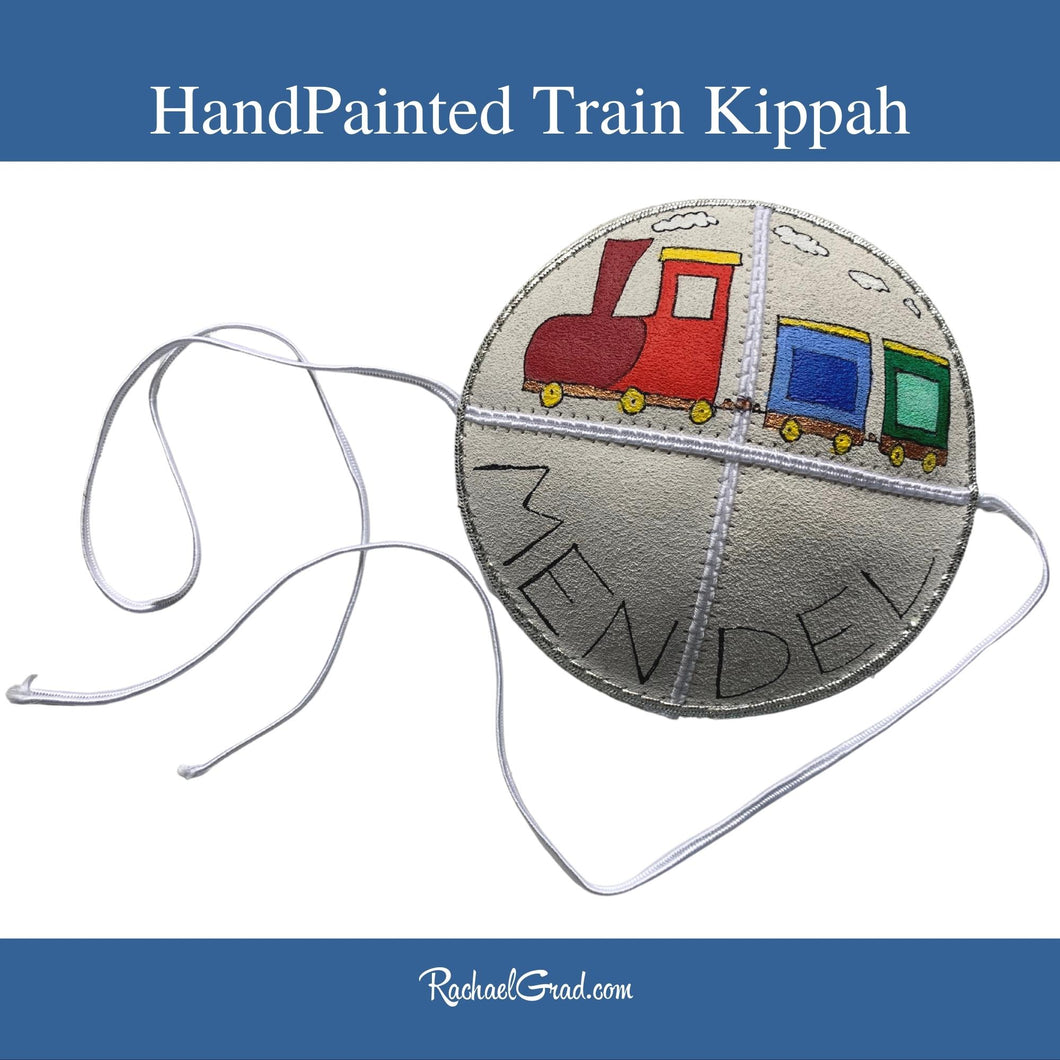 baby kippah with train art hand painted by Canadian artist Rachael Grad