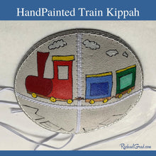 Load image into Gallery viewer, baby kippah with train art hand painted by Toronto artist Rachael Grad