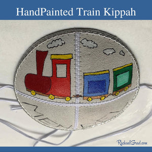 baby kippah with train art hand painted by Toronto artist Rachael Grad