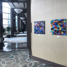 Load image into Gallery viewer, Dot Series Wall Art 2 Yellow and Blue Multicolor, Colorful Abstract Square Acrylic Art Print hanging in the Hilton Toronto/Markham Suites Conference Centre &amp; Spa main floor