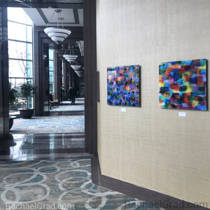Dot Series Wall Art 2 Yellow and Blue Multicolor, Colorful Abstract Square Acrylic Art Print hanging in the Hilton Toronto/Markham Suites Conference Centre & Spa main floor