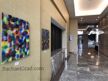 Load image into Gallery viewer, Yellow and Purple Multicolor High Gloss Abstract Art with in 4 Square Sizes outside markham ballroom rachael grad