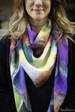 Load image into Gallery viewer, yellow purple art scarf by Artist Rachael Grad on model 