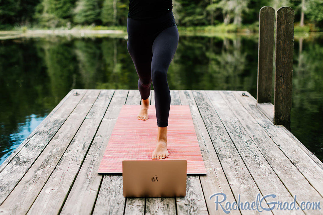 yoga mat by Canadian artist Rachael Grad for pilates on demand on the dock in summer 